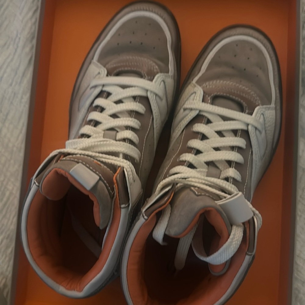 Santoni designer high top leather and suede tennis shoes